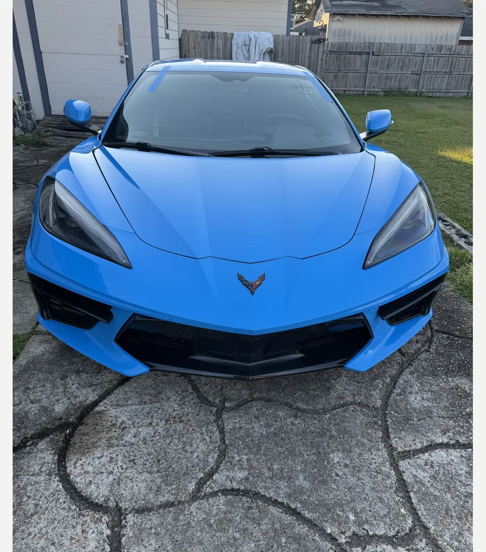 Blue Corvette windshield. Windshield installed.