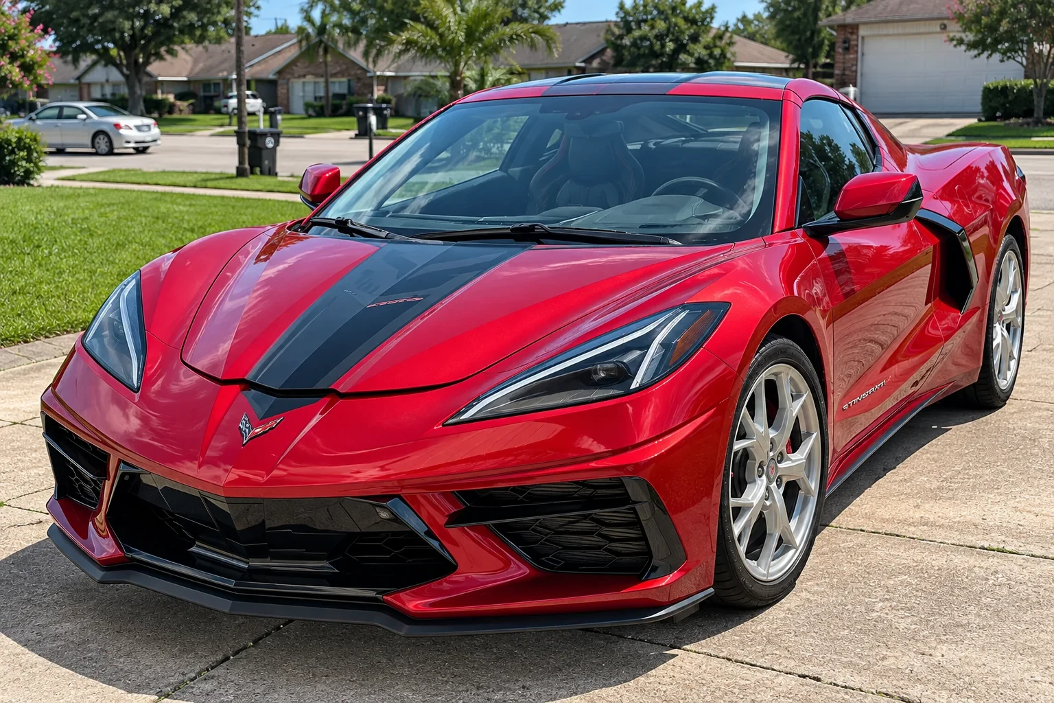 Red Chevrolet Corvette with installed windshield on a residential driveway.