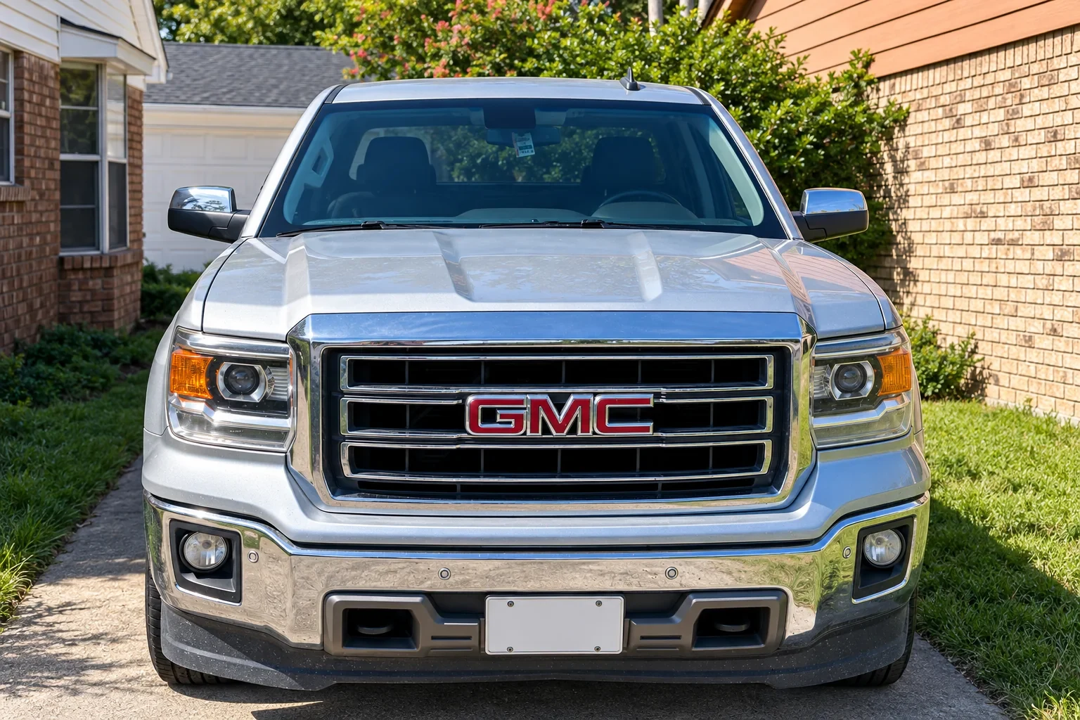 Front view of a silver GMC pickup after windshield installation.